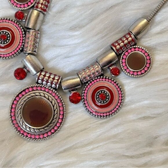 Boho Silver Tone Crystal Enamel Pendant Necklace - Picture 6 of 8